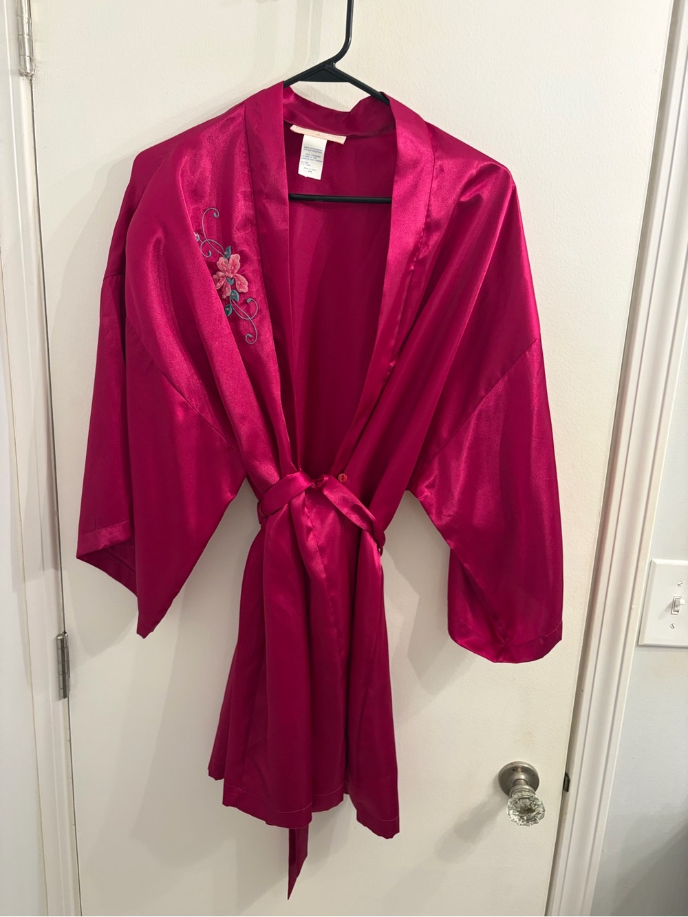 Fuchsia Satin Kimono Robe with Floral Embroidery